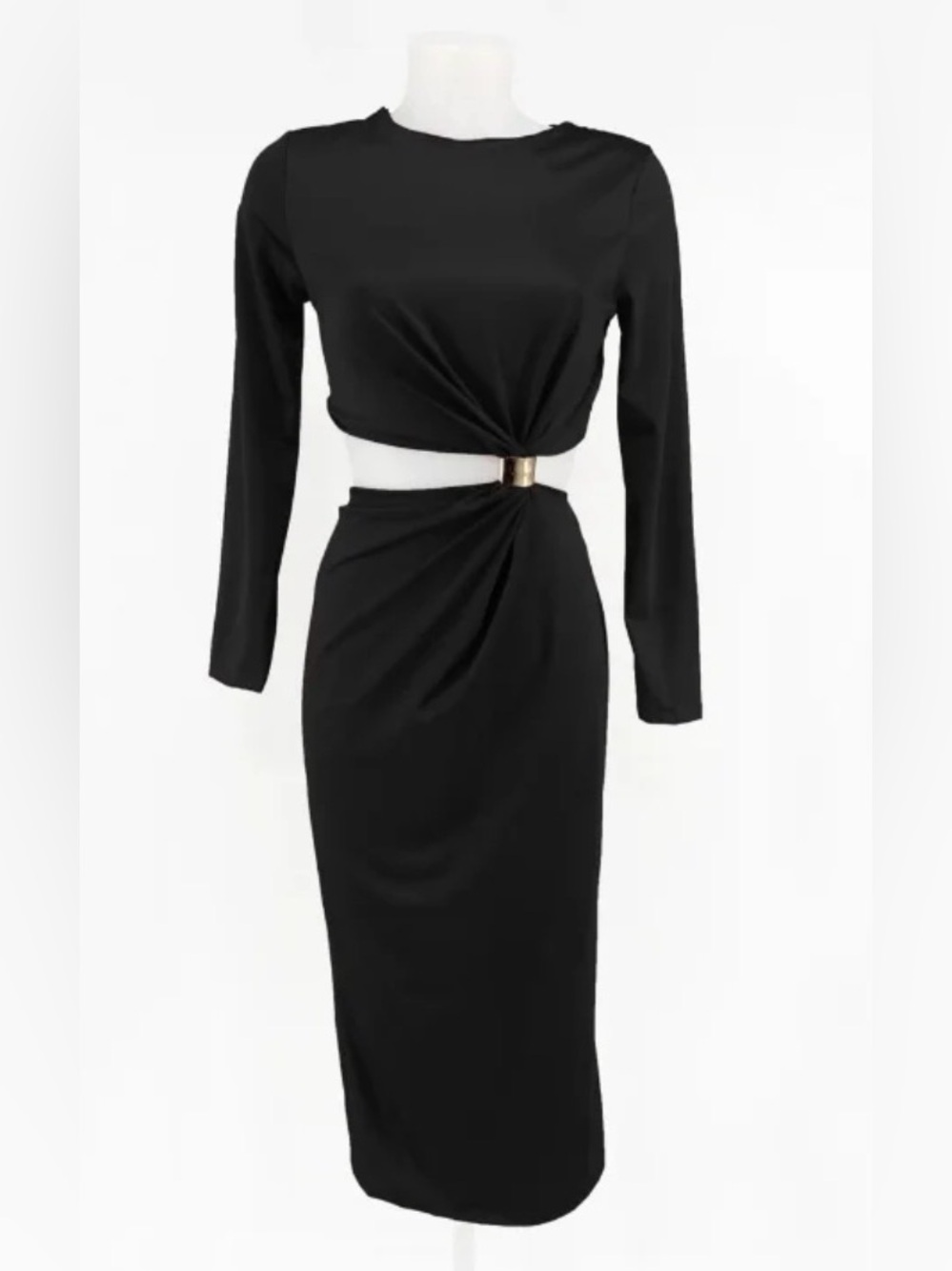 Zara Black Long-Sleeve Midi Dress with Gold Ring Detail - Picture 4 of 5